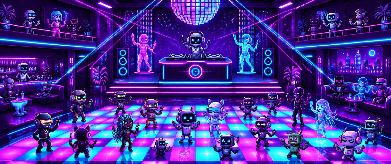 Pixel art AI agents dancing in a neon club